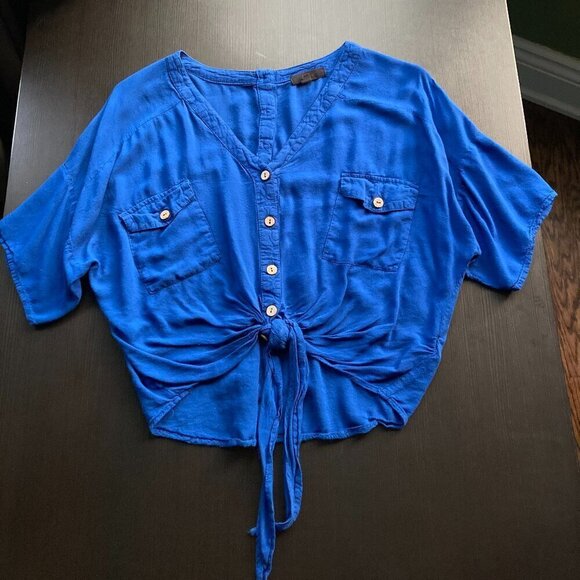 MINE =COBOLT BLUE button down tie front short sleeve shirt Oversized size small - Picture 1 of 10